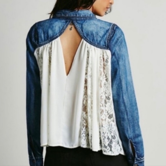 Free People Boho Western Denim Chiffon Lace V Neck Keyhole Longsleeve Medium - Picture 2 of 9